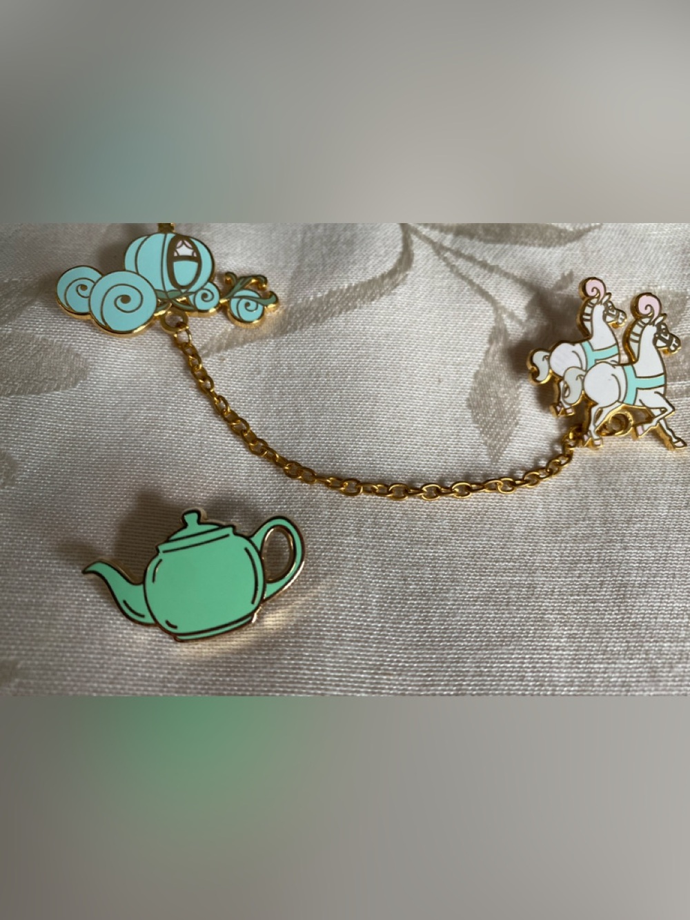 Gold Chain Lapel Chain and Mint Green Teapot Charm Pin